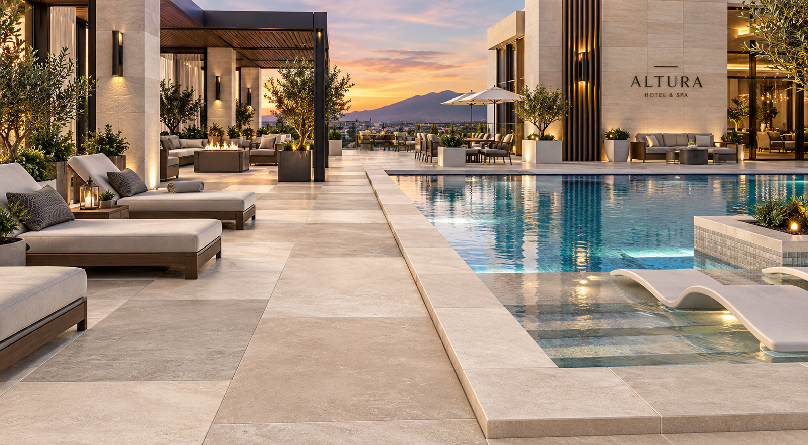 Exterior porcelain pavers and pool coping at luxury hotel