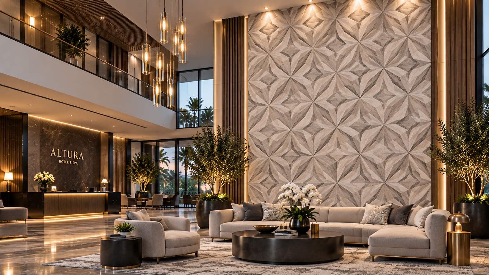 Vertical Illusion dimensional feature wall in luxury hotel